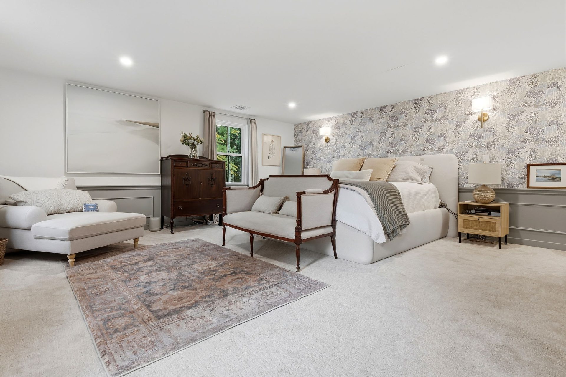 The main bedroom with a floral accent wall
